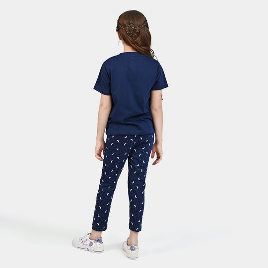 Girls Poly Cotton Jersey Night Suit Shine Bright-Navy Blue