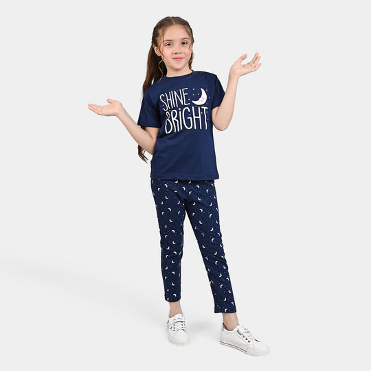 Girls Poly Cotton Jersey Night Suit Shine Bright-Navy Blue