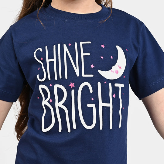 Girls Poly Cotton Jersey Night Suit Shine Bright-Navy Blue