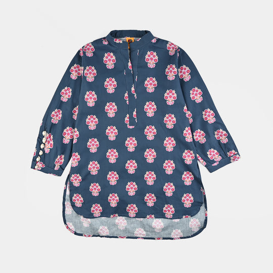 Girls Cotton Poplin Printed 2 Pcs-Blue