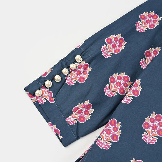 Girls Cotton Poplin Printed 2 Pcs-Blue