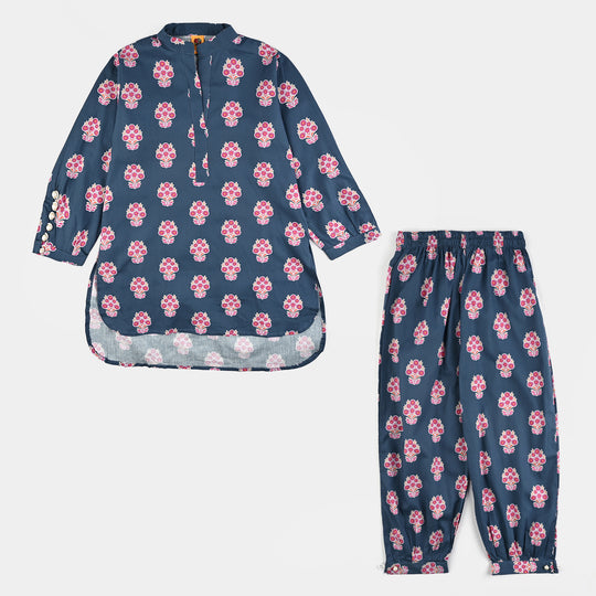 Girls Cotton Poplin Printed 2 Pcs-Blue