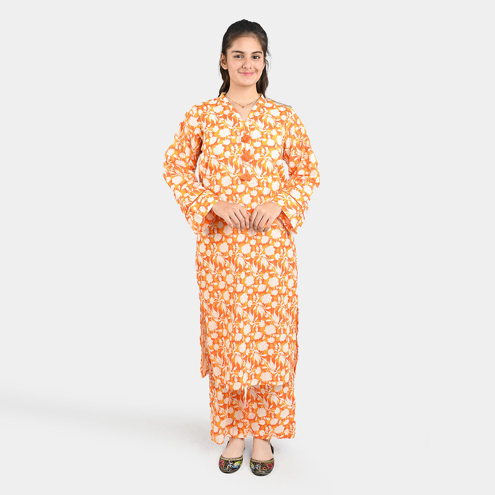 Teen Girls Cotton 2 PC Suit-Daisy-ORANGE