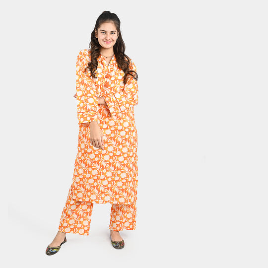 Teen Girls Cotton 2 PC Suit-Daisy-ORANGE