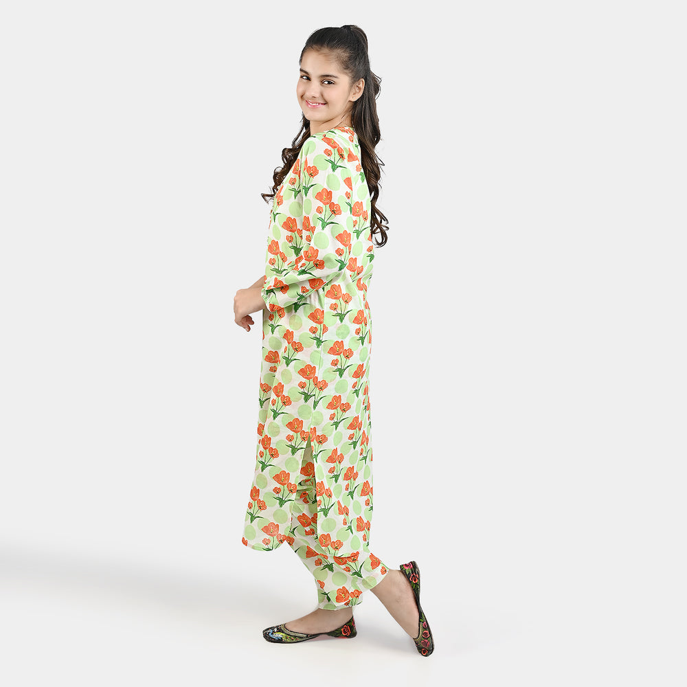 Teen Girls Cotton 2 PC Suit-Petals-White