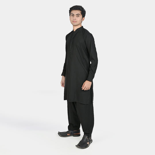 Teen Boys Poly Viscose Kurta Shalwar-BLACK