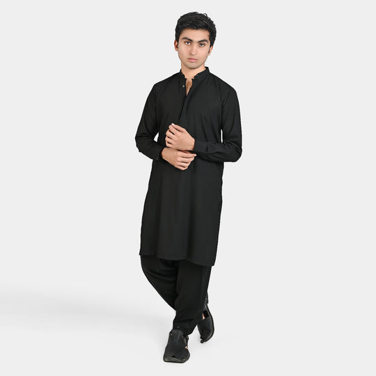 Teen Boys Poly Viscose Kurta Shalwar-BLACK