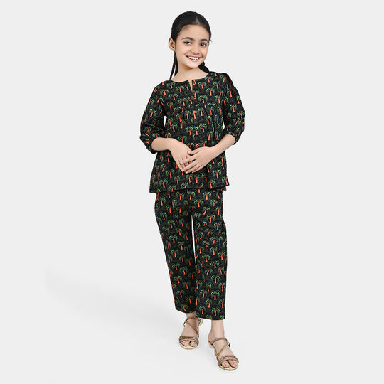 Girls Cotton Poplin Co-Ord Set Palm Tree-Green
