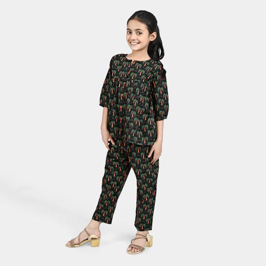 Girls Cotton Poplin Co-Ord Set Palm Tree-Green