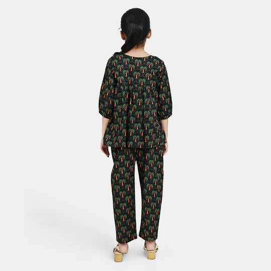 Girls Cotton Poplin Co-Ord Set Palm Tree-Green