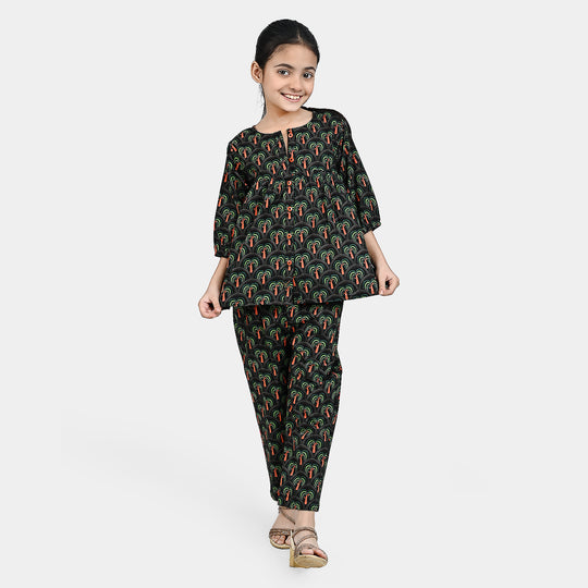 Girls Cotton Poplin Co-Ord Set Palm Tree-Green