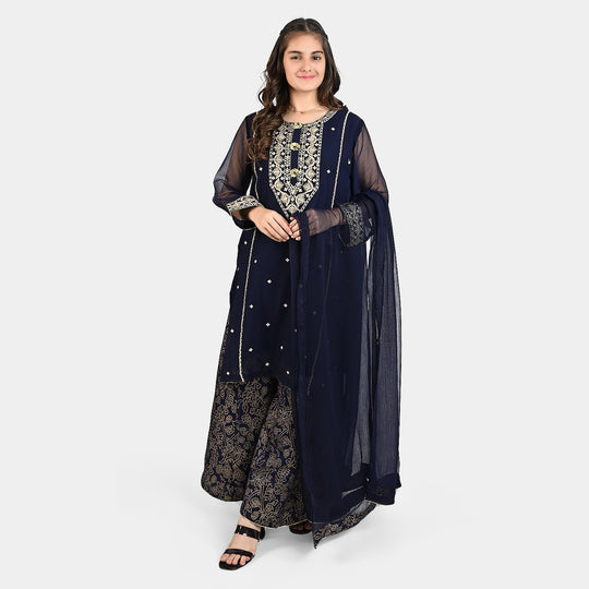 Teen Girls Chiffon 3 PCS Suit-Meher-Blue
