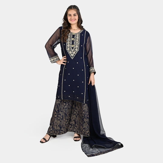 Teen Girls Chiffon 3 PCS Suit-Meher-Blue