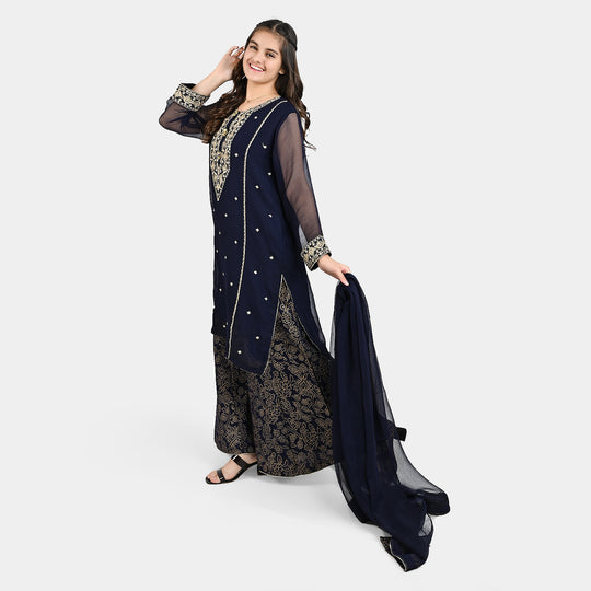 Teen Girls Chiffon 3 PCS Suit-Meher-Blue