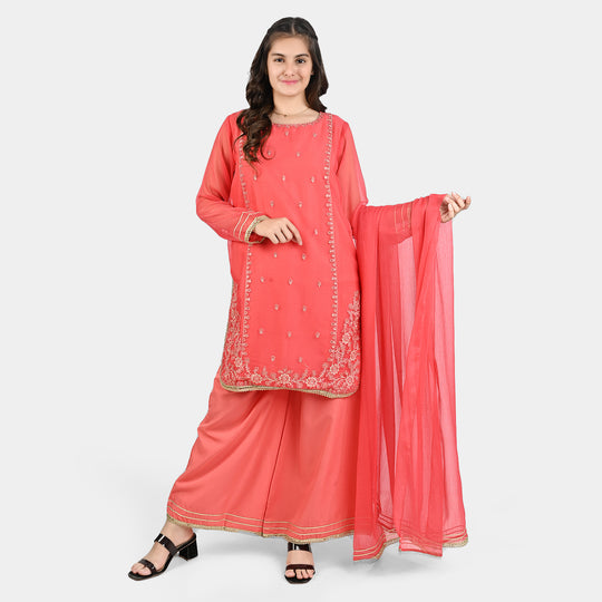 Teen Girls Chiffon 3 PCS Suit-DHANAK-Pink