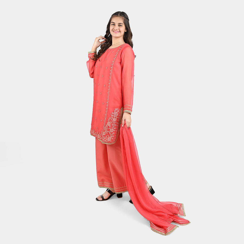 Teen Girls Chiffon 3 PCS Suit-DHANAK-Pink