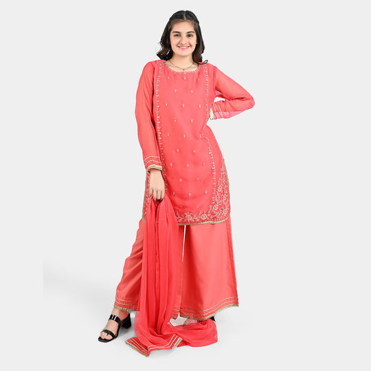 Teen Girls Chiffon 3 PCS Suit-DHANAK-Pink
