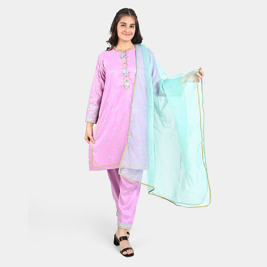 Teen Girls Raw Silk 3 PCS Suit-Phool-LT.Purple