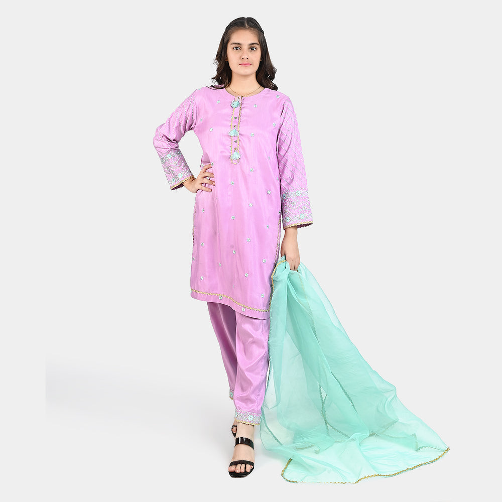 Teen Girls Raw Silk 3 PCS Suit-Phool-LT.Purple