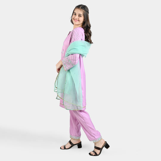 Teen Girls Raw Silk 3 PCS Suit-Phool-LT.Purple
