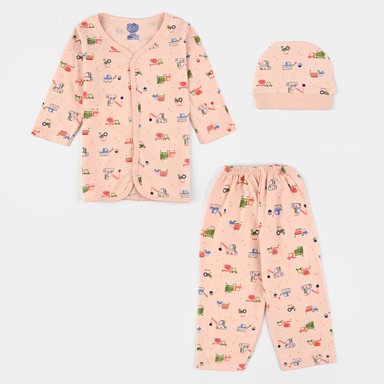 Infant Unisex Night Suit 3Pcs Set-Pink