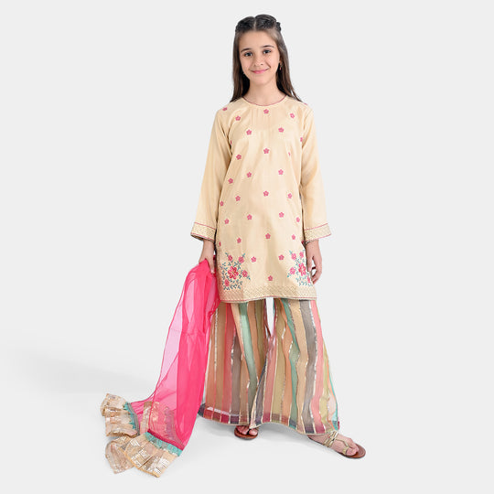 Girls Raw Silk 3 Pcs Gold Work-Cream