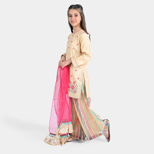 Girls Raw Silk 3 Pcs Gold Work-Cream