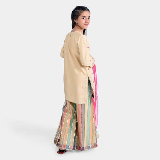Girls Raw Silk 3 Pcs Gold Work-Cream