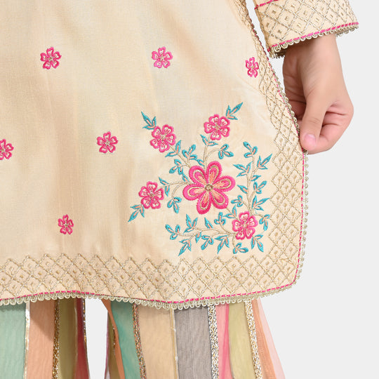 Girls Raw Silk 3 Pcs Gold Work-Cream