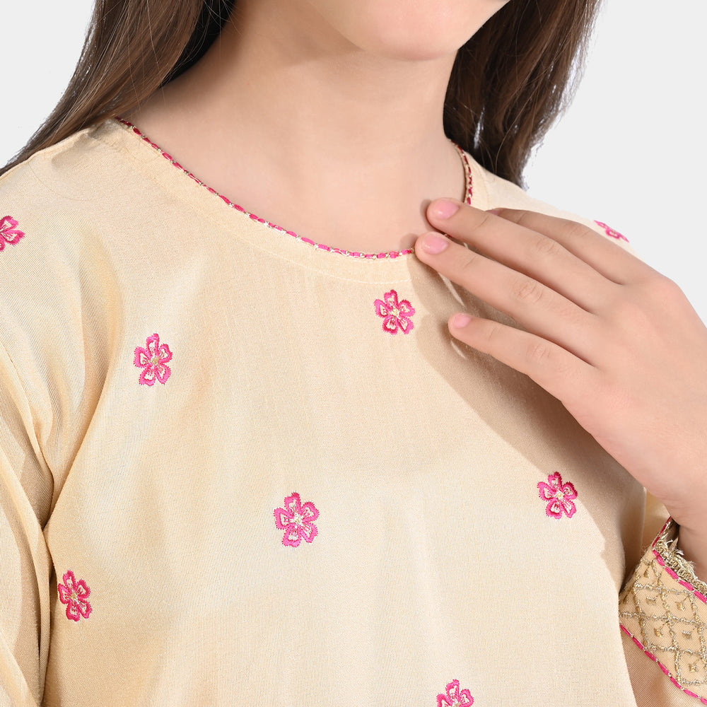 Girls Raw Silk 3 Pcs Gold Work-Cream