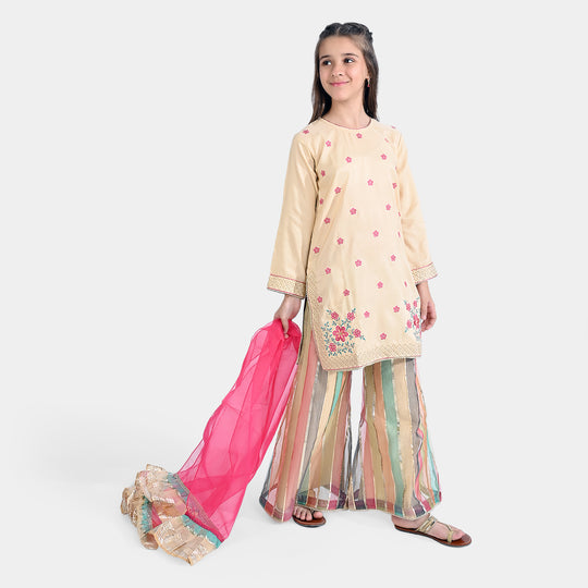 Girls Raw Silk 3 Pcs Gold Work-Cream