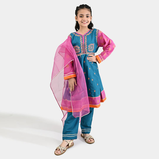 Girls poly cambric Fancy 3Pcs Andaaz-Teal blue