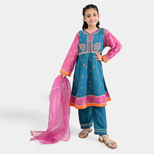 Girls poly cambric Fancy 3Pcs Andaaz-Teal blue