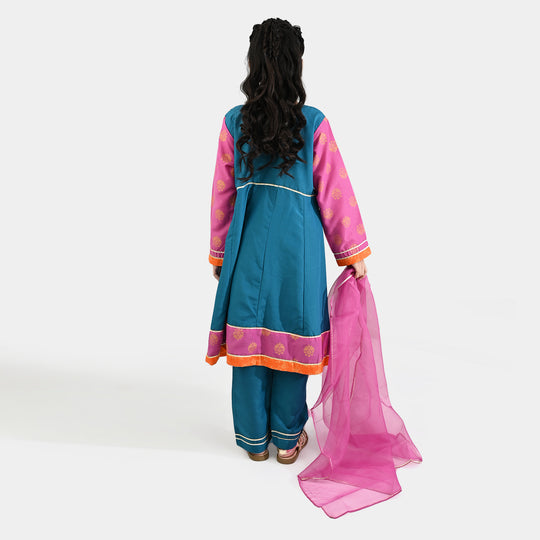 Girls poly cambric Fancy 3Pcs Andaaz-Teal blue