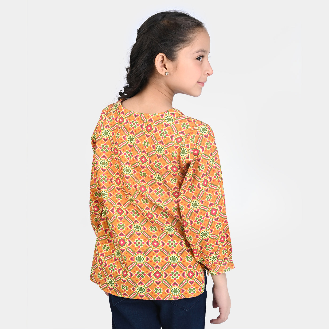 Girls Cotton Poplin Casual Top Ikat Pattern-Mustard