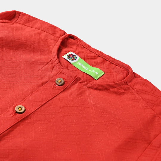 Infant Boys Cotton Jacquard Basic Kurta-Red