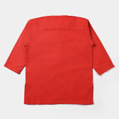 Infant Boys Cotton Jacquard Basic Kurta-Red