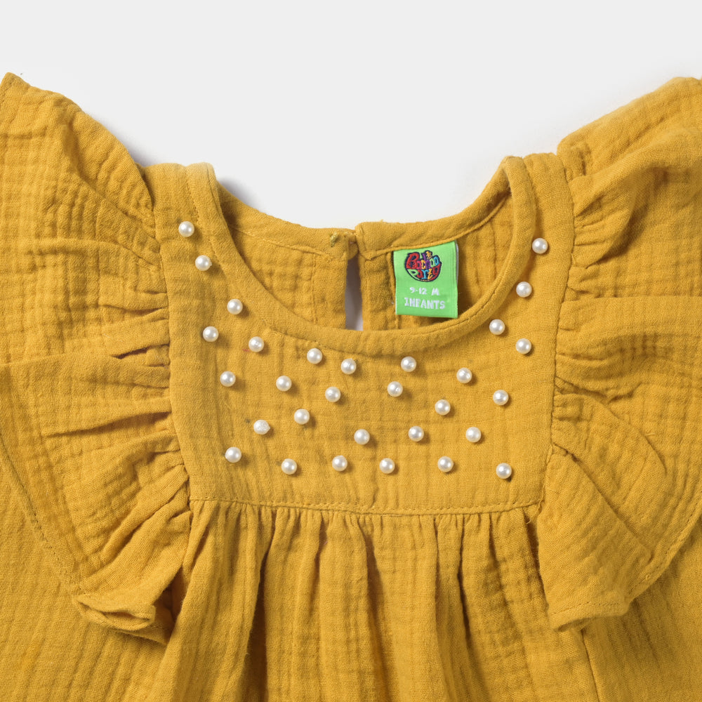 Infant Girls Cotton Casual Frock Yellow Pearls-Mustard
