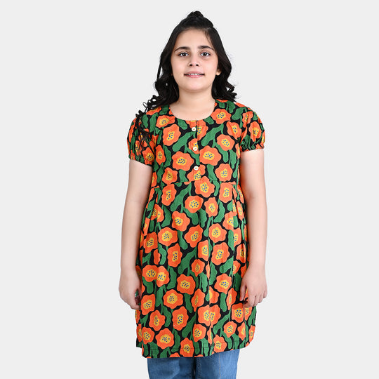 Girls Cotton Poplin Casual Frock-Multi