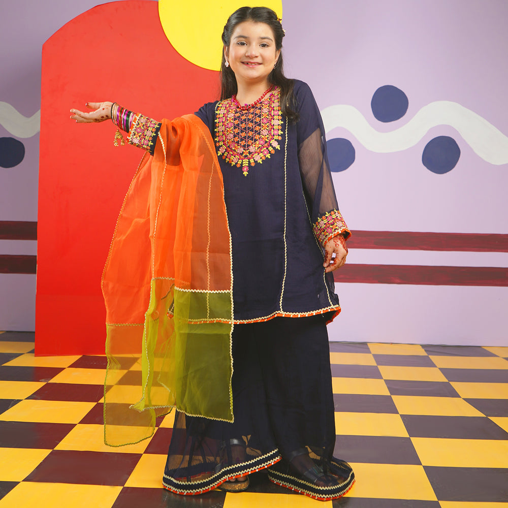 Girls Chiffon 3PC Suit Gul-e-Jahaan-Navy Blue