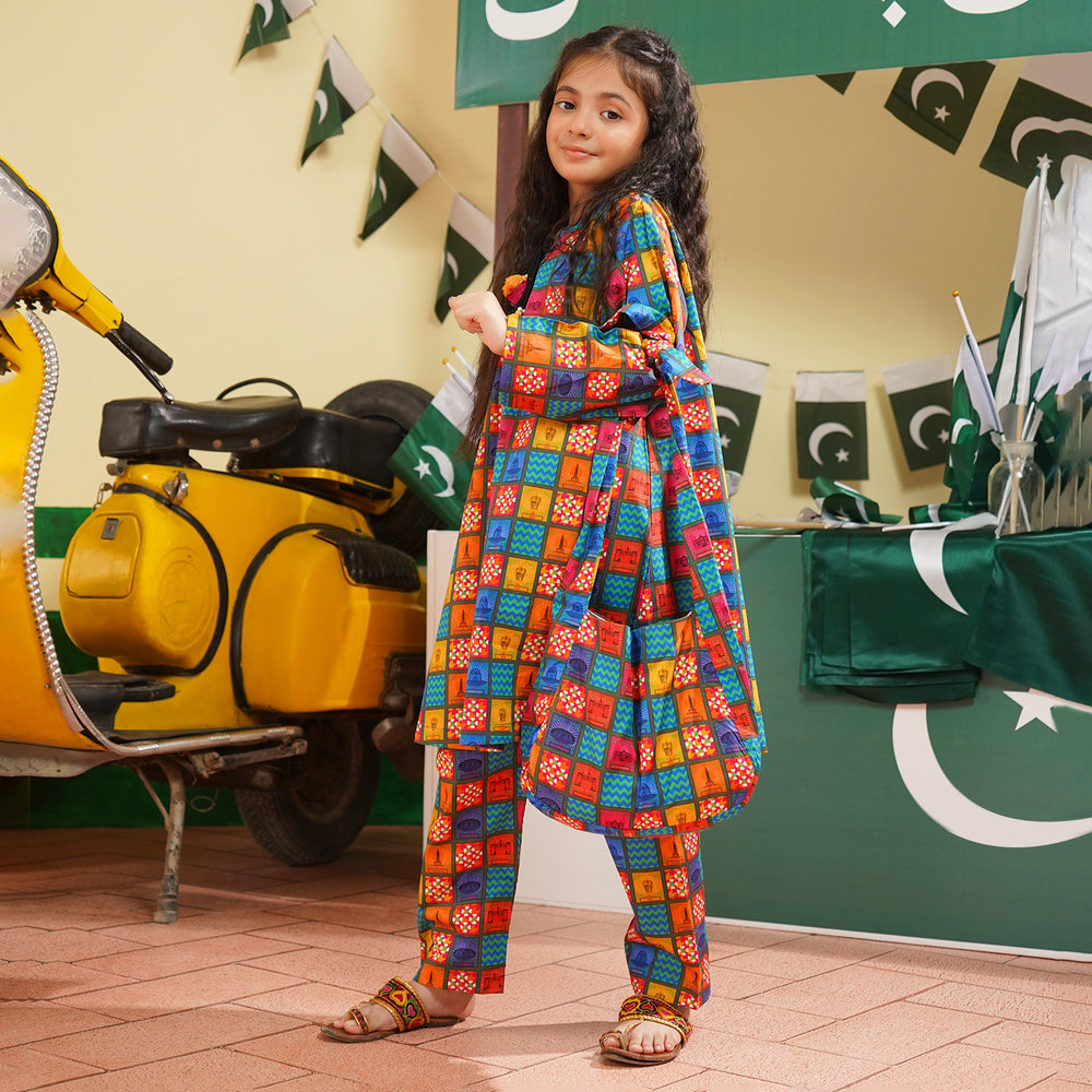 Girls Cotton Poplin IND 2Pcs Suit Funky Tickets-Multi