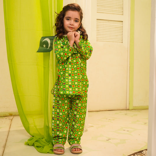 Girls Poly Net Printed 2Pcs Suit 14 August Ind-L.Green