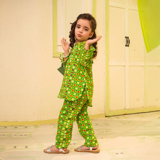 Girls Poly Net Printed 2Pcs Suit 14 August Ind-L.Green