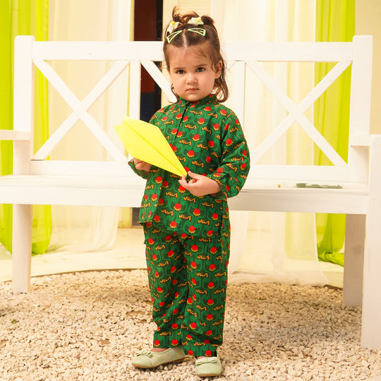 Girls Poly Net Printed 2Pcs Truck Flower Ind-GREEN