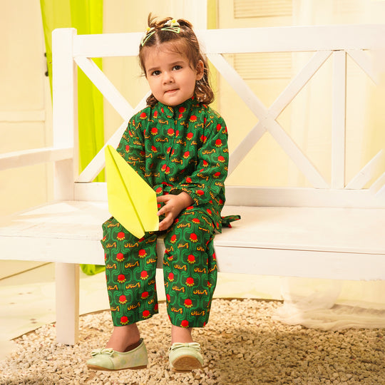 Girls Poly Net Printed 2Pcs Truck Flower Ind-GREEN