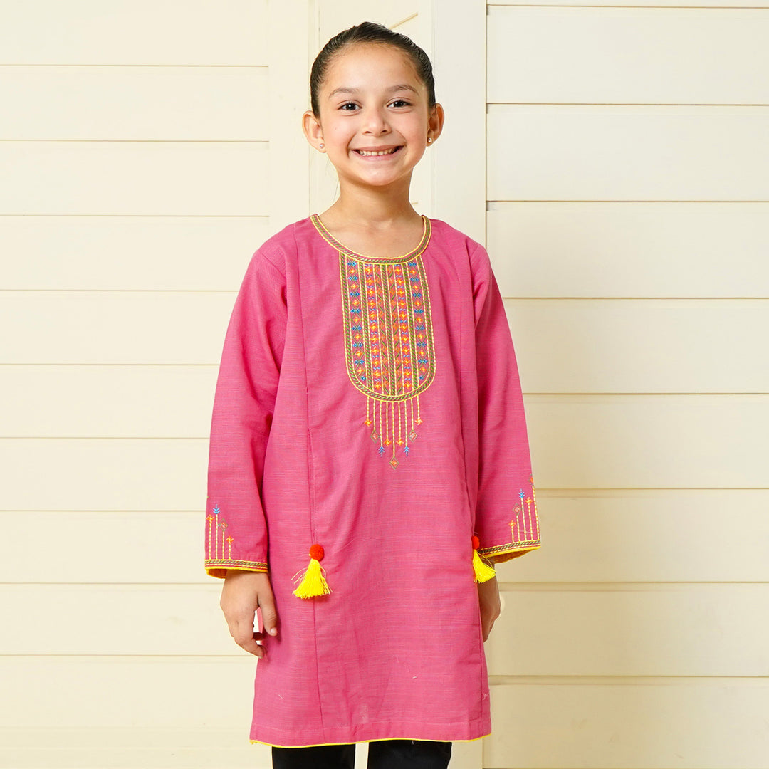 Girls Cotton Embroidered Kurti Highlights - Hot Pink