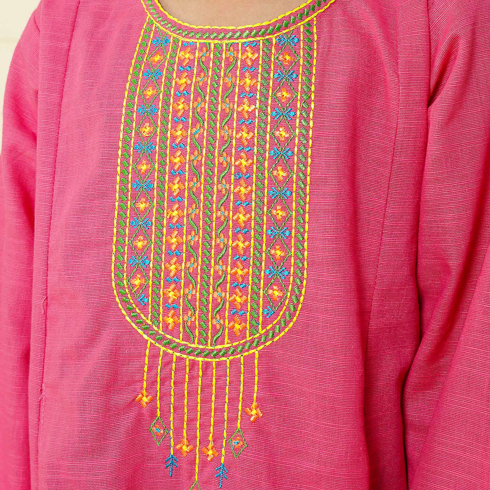 Girls Cotton Embroidered Kurti Highlights - Hot Pink