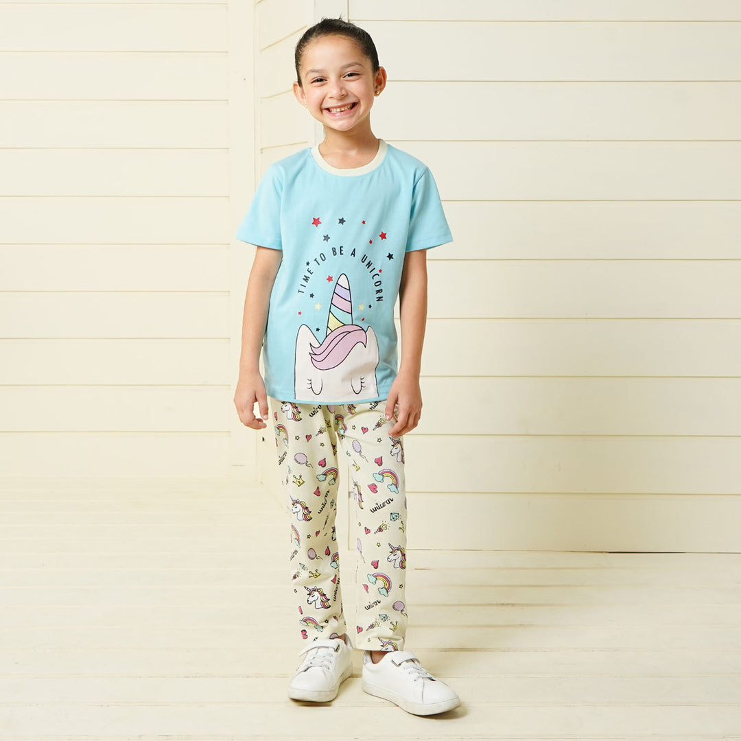 Girls Knitted Night Suit I Am - Sky Blue/Off White