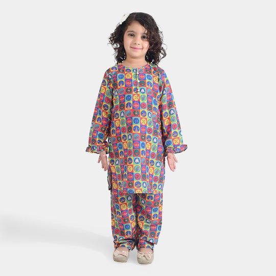 Girls Poly Net Printed 2Pcs Color Blocks Ind-Multi