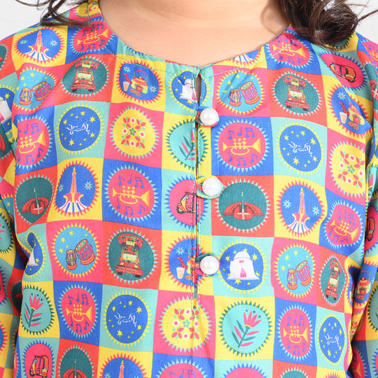 Girls Poly Net Printed 2Pcs Color Blocks Ind-Multi